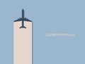 Airplane traveling vector concept with plane flying across frame. Symbol of summer holiday, transportation, vacation Royalty Free Stock Photo