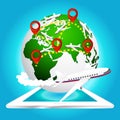 Airplane travels around the world with pin icon on tablet, Elements of earth map Furnished by NASA Royalty Free Stock Photo