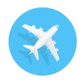 Airplane trendy icon. Plane on a blue circle. Flat style
