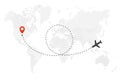 Airplane trip. Air plane flight route with start point and loop line trace. Plane icon over world map. Vector concept