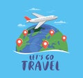 Airplane trip in various country. Travel location on global map. Flat style vector illustration