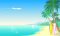 Airplane and tropical paradise palm tree surfboards. Sunny sand coast beach sea ocean landscape.Vector background Royalty Free Stock Photo