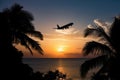 Airplane tropical sunset landing. Generate Ai