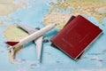 Airplane and two passports travel documents Royalty Free Stock Photo