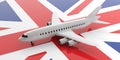 Airplane on UK flag background, view from above. 3d illustration Royalty Free Stock Photo