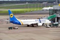 DUESSELDORF, GERMANY - October 10, 2019: Airplane of Ukraine International at gate is ready for boarding Royalty Free Stock Photo