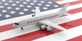 Airplane on USA flag background, view from above. 3d illustration Royalty Free Stock Photo