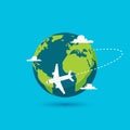 Airplane vector earth world globe icon. Plane flying round travel concept Royalty Free Stock Photo