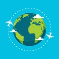 Airplane vector earth world globe icon. Plane flying round travel concept Royalty Free Stock Photo