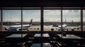 Airplane view from airport lounge in airport terminal, generative ai Royalty Free Stock Photo