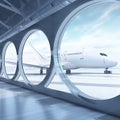 Airplane, view from airport terminal. Futuristic interior design with round windows and white aircraft under blue sy Royalty Free Stock Photo