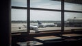 Airplane, view from airport terminal lounge, generative ai Royalty Free Stock Photo