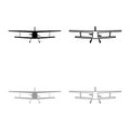 Airplane view with front Light aircraft civil Flying machine icon outline set black grey color vector illustration flat style Royalty Free Stock Photo