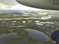 Airplane view of the lakes and swamps of the Arctic tundra. Varandey, Zapolyarny