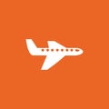 Airplane white on orange background, logo, vector icon