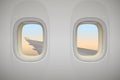 Airplane window, aircraft window with wing Royalty Free Stock Photo