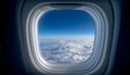 Airplane window with blue sky and clouds outside. Royalty Free Stock Photo