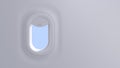 Airplane window, 3d render. Realistic aircraft porthole with open curtain and sky view, plane cabin interior in flight Royalty Free Stock Photo