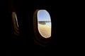 Airplane window fisheye lens at sunset