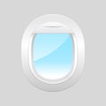 Airplane window inside view. Airplane windows with cloudy blue sky outside. Aircraft window template.
