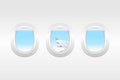 Airplane window inside view. Airplane windows with cloudy blue sky outside. Aircraft window template. Royalty Free Stock Photo