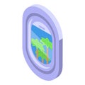 Airplane window over jungle icon isometric vector. Palm trees