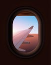 Airplane window vector inside flight interior concept. Fly window airplane cabin interior sunset open view passenger.