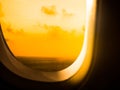 Airplane Window View Flight Sunset Air Plane Travel Trip Summer Holidays Tropical with Abstract Pastel Gradient Cloud Sky Night in