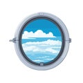 Airplane window view showing clouds and blue sky. Cartoon style porthole with serene sky scene. Travel and aviation Royalty Free Stock Photo