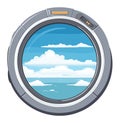 Airplane window view showing clouds and blue sky. Cartoon style porthole with serene sky scene. Travel and aviation Royalty Free Stock Photo