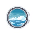 Airplane window view showing clouds and blue sky. Cartoon style porthole with serene sky scene. Travel and aviation Royalty Free Stock Photo