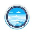 Airplane window view showing clouds and blue sky. Cartoon style porthole with serene sky scene. Travel and aviation Royalty Free Stock Photo