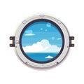 Airplane window view showing clouds and blue sky. Cartoon style porthole with serene sky scene. Travel and aviation Royalty Free Stock Photo