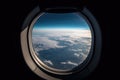 Airplane window with a view of the sky and clouds. The window is circular with a black frame. The view from the window is of a Royalty Free Stock Photo