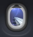 Airplane window view in storm with thunderbolt 3d illustration Royalty Free Stock Photo