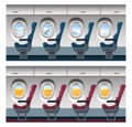 Airplane window view vector illustration, cartoon interior inside, trip viewing through porthole on cloudy sky landscape Royalty Free Stock Photo