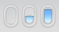 Airplane windows. Aircraft portholes with blue sky and fuselage background, vector open closed and half closed types of