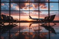 Airplane windows blurred bokeh and vibrant travel imagery in a bustling airport scene