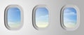 Airplane windows with cloudy blue sky outside. View from airplane. Sky with clouds in aircraft window. Vector illustration