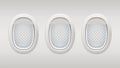 Airplane windows. Inside realistic plane windows vector template. Portholes grey background with transparent elements