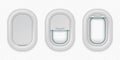 Airplane windows. Realistic aircraft porthole in different positions, open closed and half closed. Vector isolated