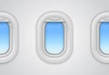 Airplane windows. Realistic vector aircraft illuminator. 3D porthole mockup