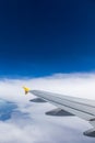 Airplane windows view above the earth on landmark down. View from an airplane window over a wing flying high above farmlands and Royalty Free Stock Photo