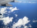 The airplane wing above the blue cloudy sky