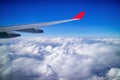 Airplane wing and aerial view during flight with clear blue sky and clouds Royalty Free Stock Photo