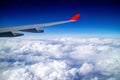 Airplane wing and aerial view during flight with clear blue sky and clouds Royalty Free Stock Photo