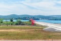 Airplane wing against the backdrop of Adriatic Sea - view from the Tivat Airport Royalty Free Stock Photo