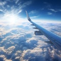 Airplane wing in the blue sky with clouds. 3d render