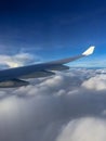 Airplane wing in the blue sky