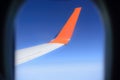 Airplane wing in blue sky